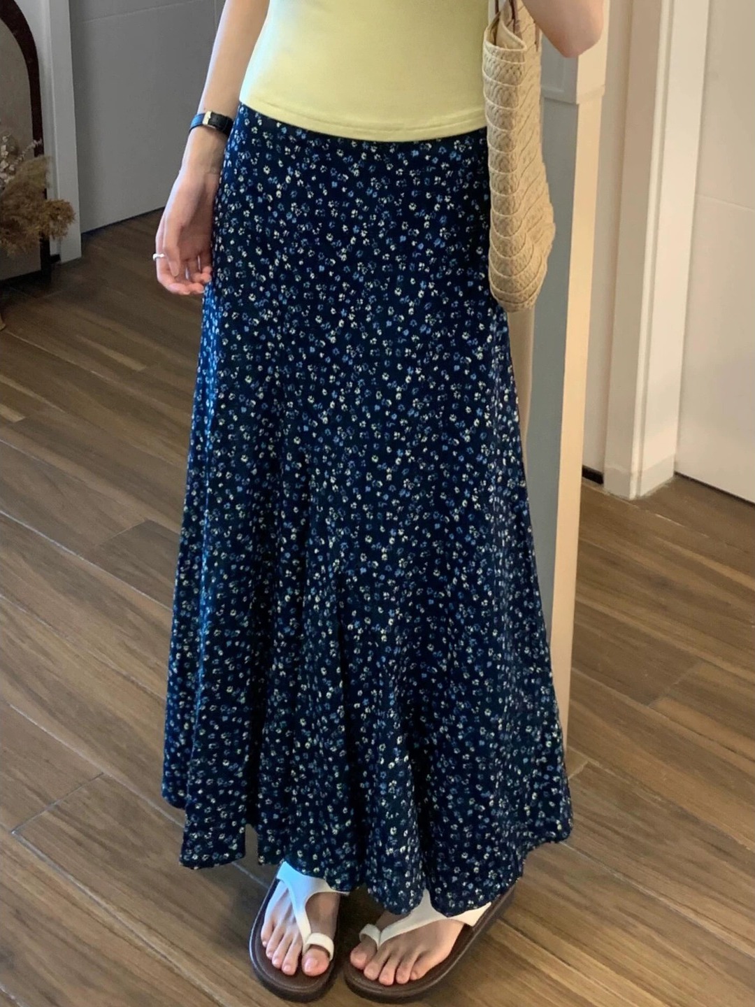 Midi Skirt Floral - プラスサイズ花柄プリント A ラインミディスカートハイウエスト隠す効果のあるルーズフィット夏の新しいスタイル韓国スタイルカジュアルスカート