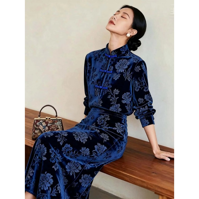 Midi Skirt Floral - 女性用新作チャイナ風ベルベット花柄プリントカエルボタン付きトップスとミディ丈スカートのツーピースセット、秋冬向け