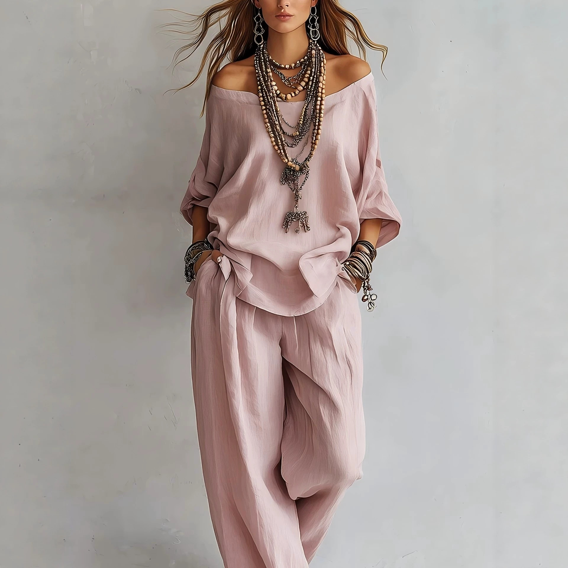 Linen Pant Wide - カジュアルなリネン素材の七分袖トップスとワイドレッグパンツのセット、夏の新作、越境ECサイト向けファッションアンサンブル
