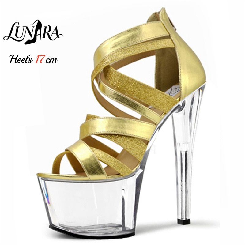 Sandal Strappy Heeled - 17cm/7インチ ゴールドメタリックストラップ付きオープントゥプラットフォームスティレットサンダル ジッパー付きストリッパーシューズ エキゾチックポールダンス クラブ レイブパーティー用
