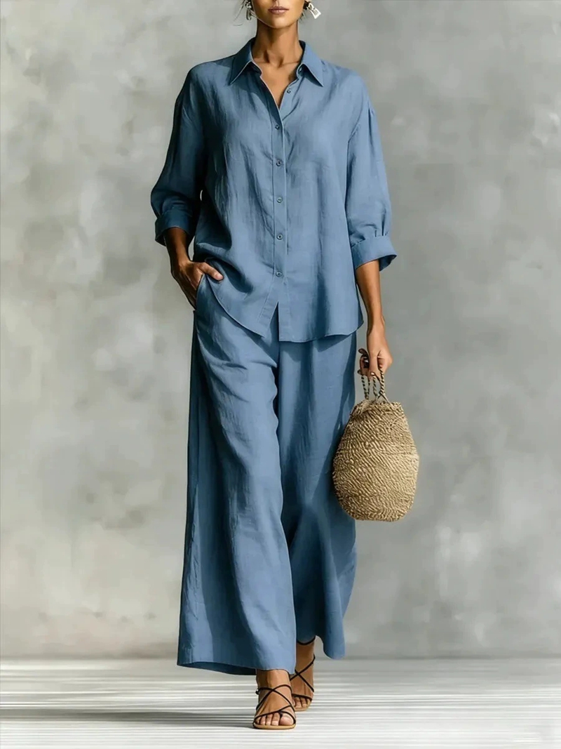 Linen Pant Wide - レディース新作7分袖シャツ＆ワイドレッグパンツカジュアルセットゆったりとした通気性のあるデイリーストリートウェア outfits