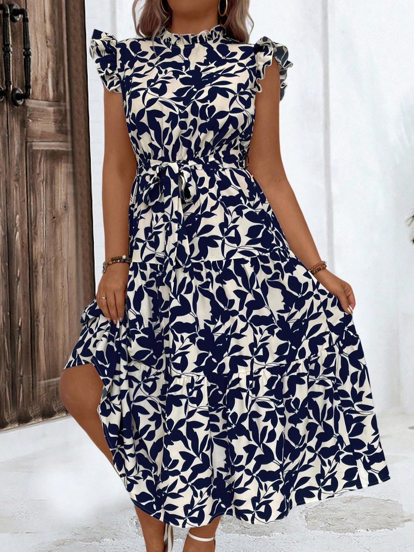 Romper Floral Print - プラスサイズ 花柄プリント ラッフルベルト付きワンピース、ボヘミアンバタフライスリーブ ハイウエストAラインワンピース ビーチホリデー休暇用、女性向け