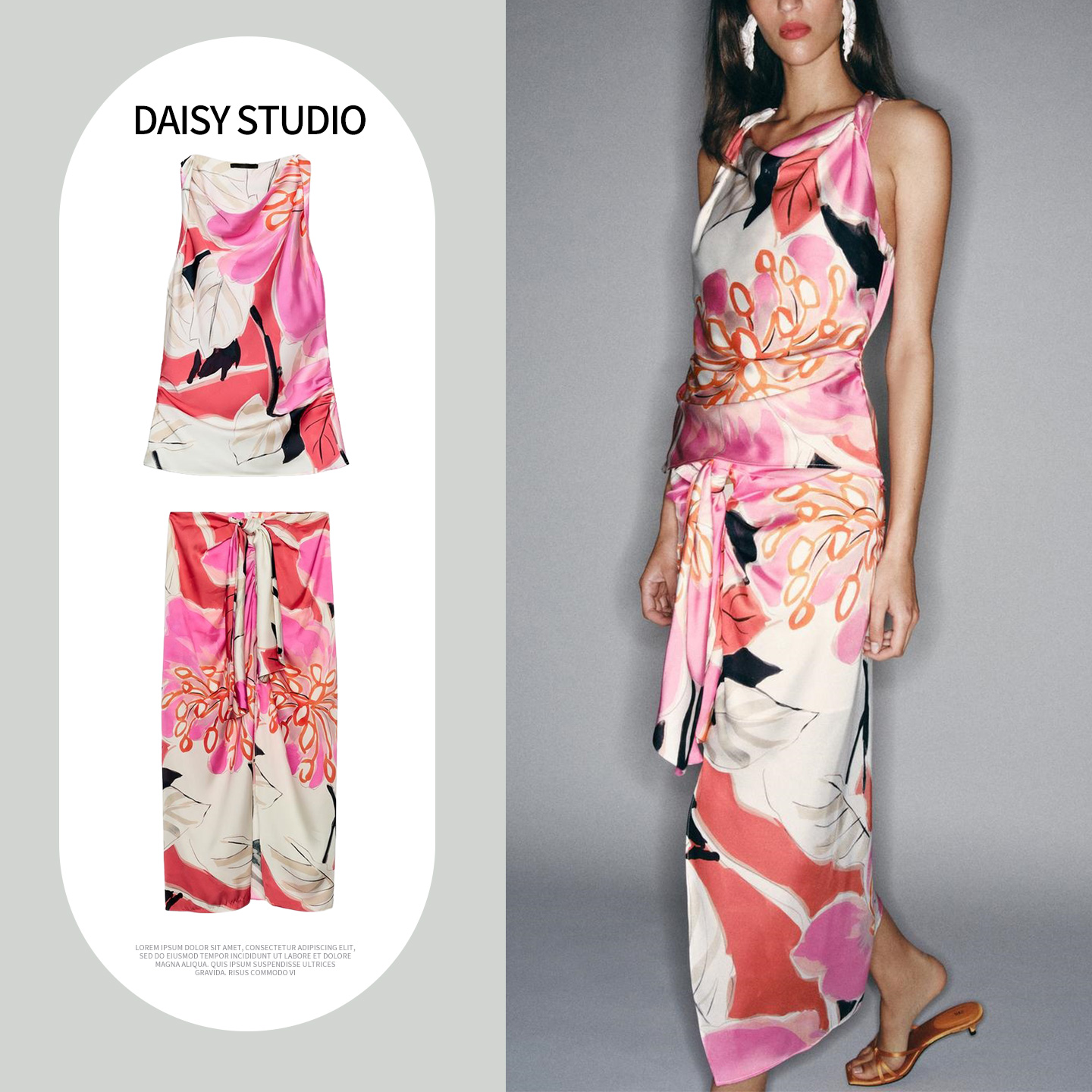 Midi Skirt Floral - ハイウエストミディスカート、ラウンドネックノースリーブガウン、スリットデザイン、ファッショナブルな夏の女性用セットアップ、植物花柄