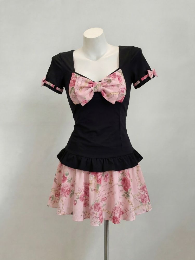 Romper Floral Print - レディース甘い花柄プリントツーピースセット フェアリーボウスリムフリルクロップトップ+ハイウエストミニスカート Y2K原宿ファッションスカートセット