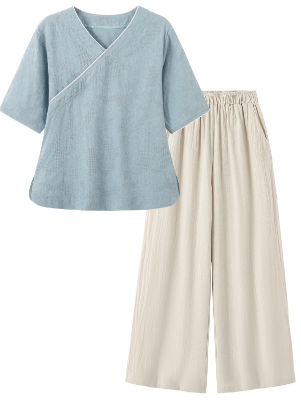 Linen Pant Wide - 新中国風芸術的レトロ綿麻半袖トップスワイドレッグパンツツーピースセット女性用カジュアル禅茶服夏