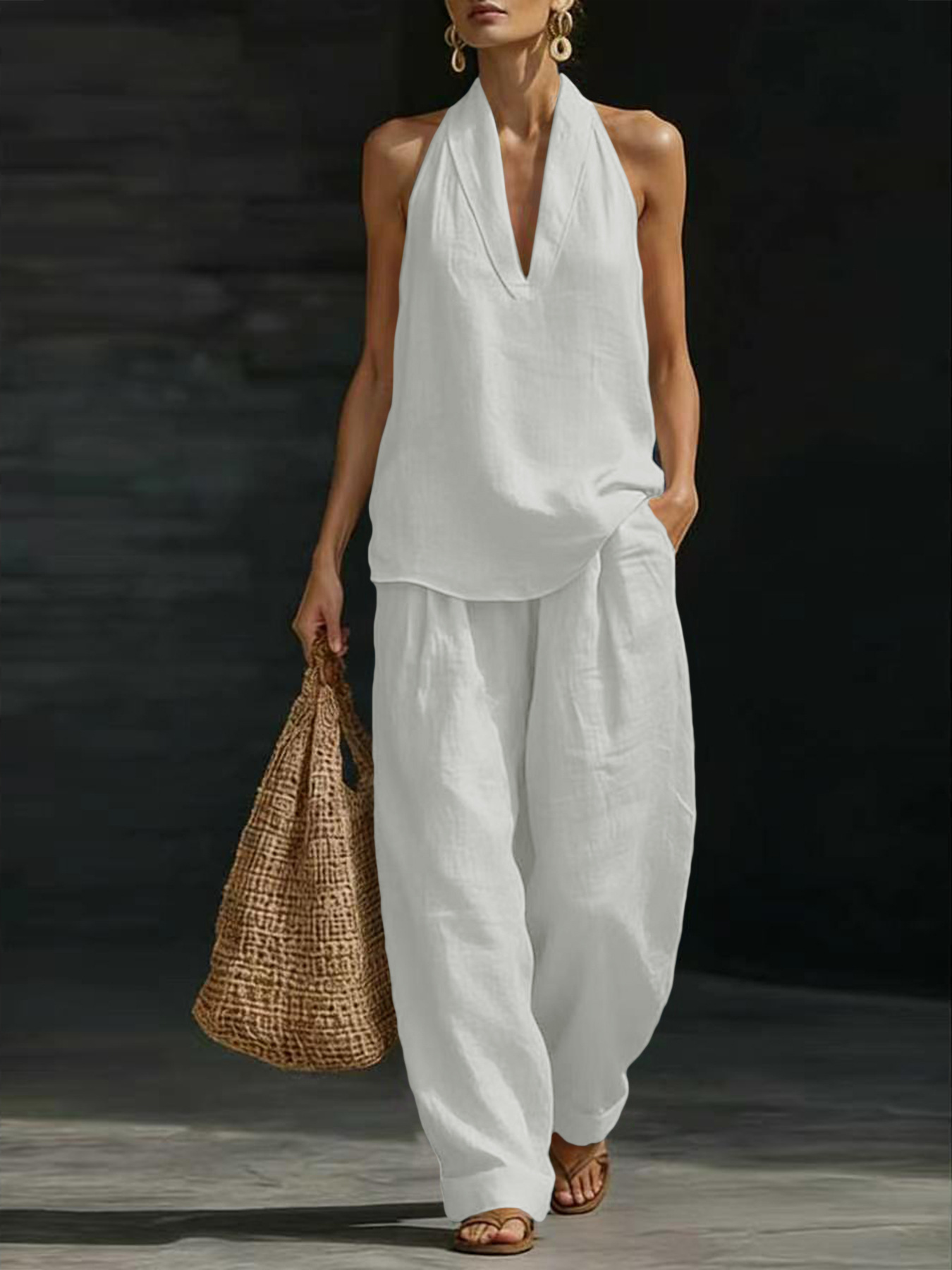 Linen Pant Wide - レディースリネン2ピースセット ホルターVネックノースリーブタンクトップ ワイドレッグパンツセット カジュアルルーズサマービーチマッチングスーツ