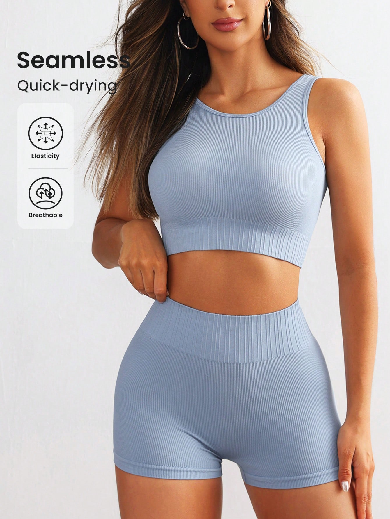 Crop Top Crochet - 女性用シームレスリブ編みヨガセット ノースリーブ ラウンドネック クロップドタンクトップ ハイウエスト バイカーショーツ