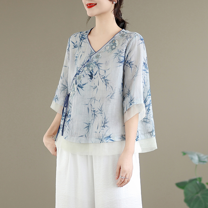 エレガントな綿麻刺繍入りVネックシャツ レディース 夏用 薄 - Linen Pant Wide のレビューと価格