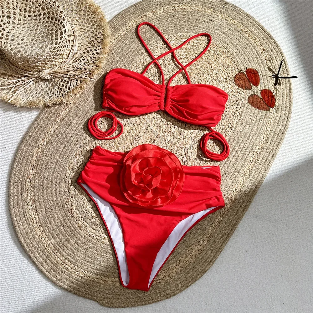 女性のためのセクシーな赤いホルターネックバンドゥビキニ,3D - Swimsuit Bikini Ruched のレビューと価格