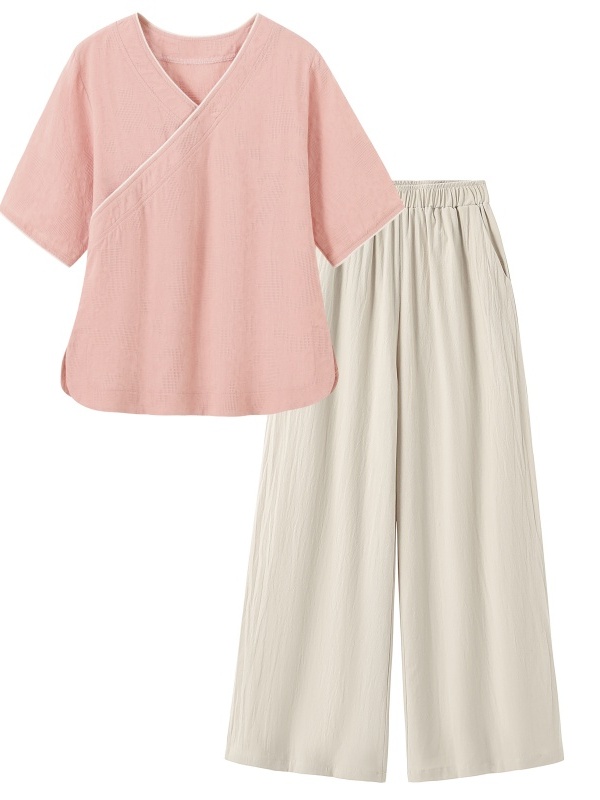 新中国風芸術的レトロ綿麻半袖トップスワイドレッグパンツツーピ - Linen Pant Wide のレビューと価格