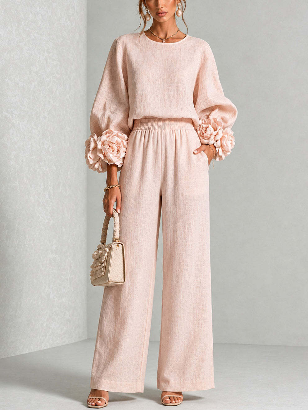 レディース2ピースリネンセットアップ Oネック 3Dフラワー - Linen Pant Wide のレビューと価格