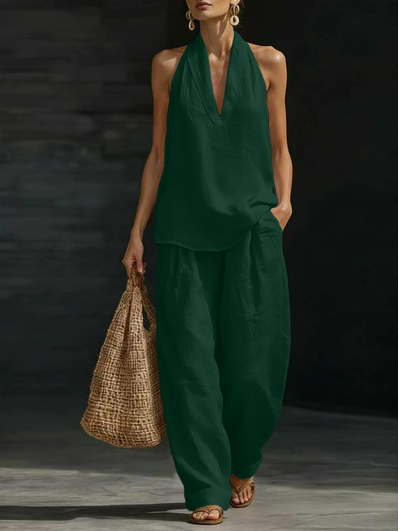 レディースリネン2ピースセット ホルターVネックノースリーブ - Linen Pant Wide のレビューと価格