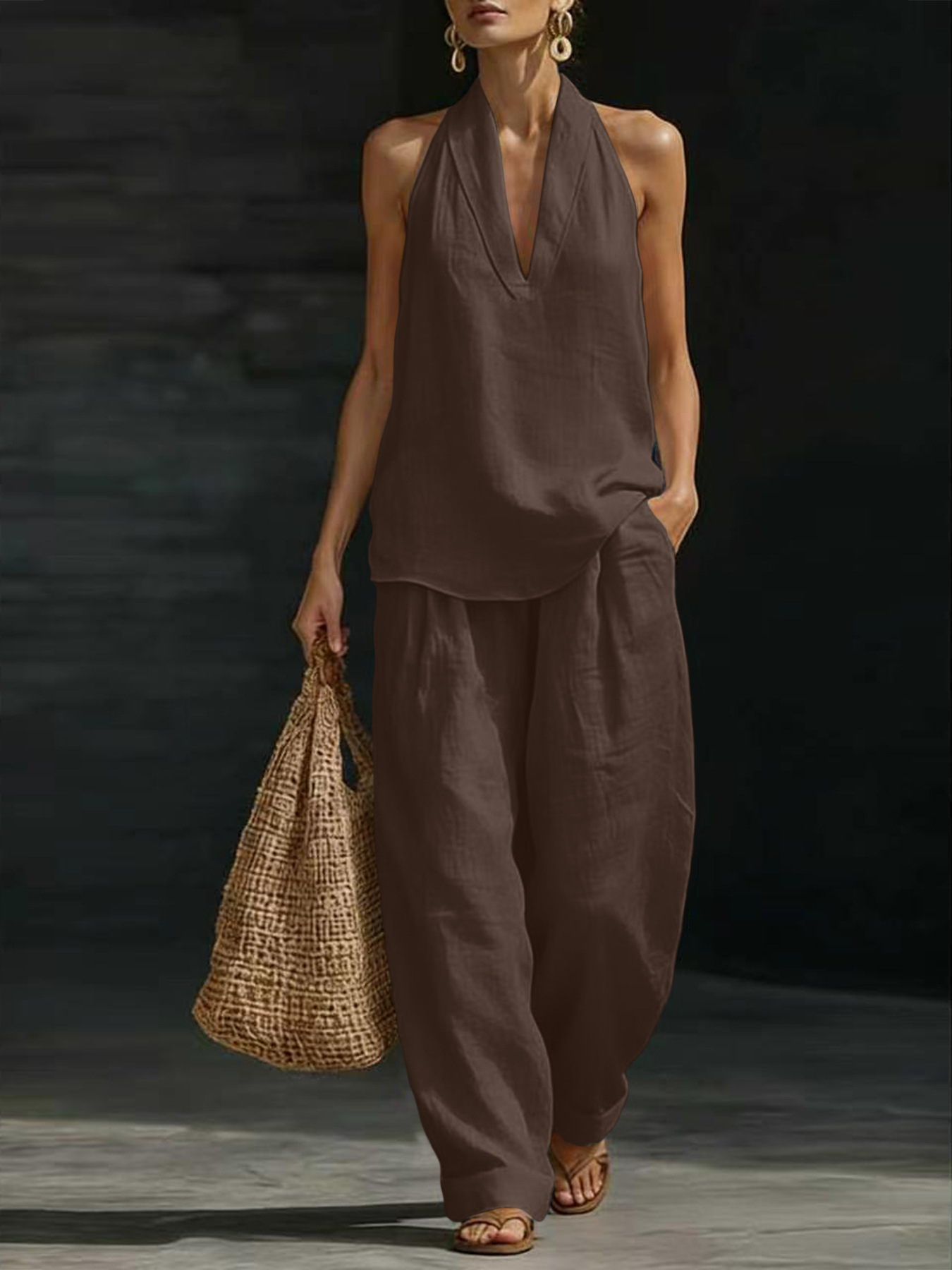 レディースリネン2ピースセット ホルターVネックノースリーブ - Linen Pant Wide のレビューと価格